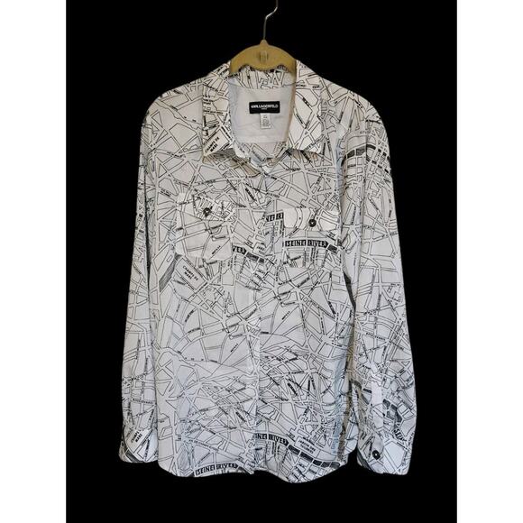 Karl Lagerfeld Paris Street Map Seine River Blouse All Over Print Shirt Large - Picture 1 of 3